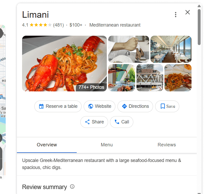 google business profile screenshot for restaurant in washington DC
