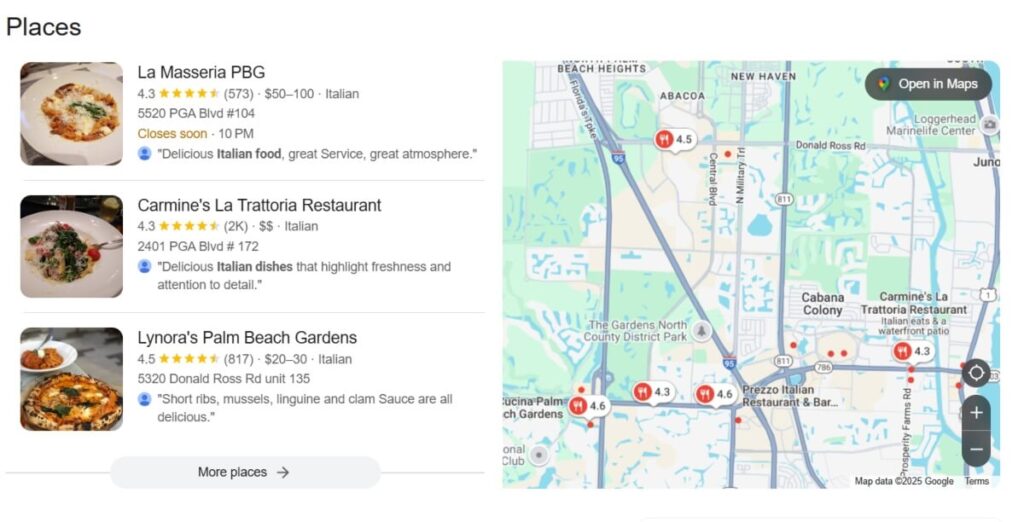 google map pack of restaurants near me