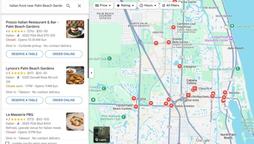 google map of restaurants near palm beach gardens