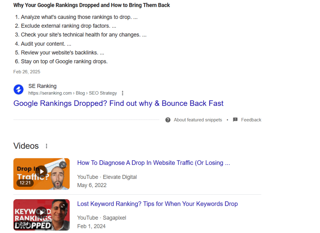 traditional google search results showing featured snippet and videos